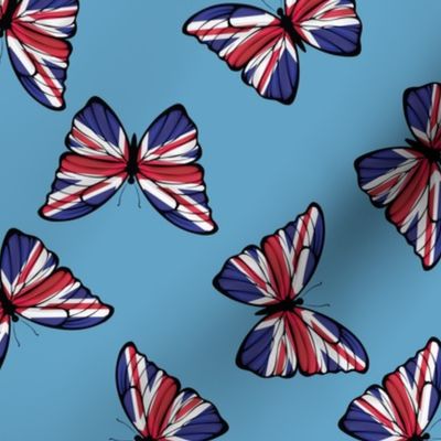 LARGE United Kingdom Flag Butterflies fabric - union jack design light blue 10in