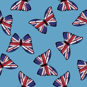 LARGE United Kingdom Flag Butterflies fabric - union jack design light blue 10in