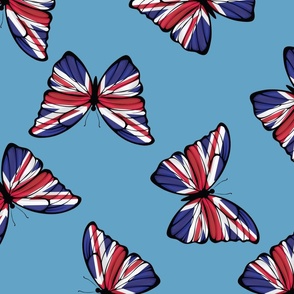 JUMBO United Kingdom Flag Butterflies fabric - union jack design light blue