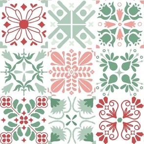 Winter Holiday Green and Red Geometric Mosaic Tile Pattern Print