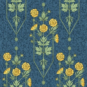 Buttercup art noveau art deco wallpaper or fabric. Classical vertical flower pattern.Dark blue background.