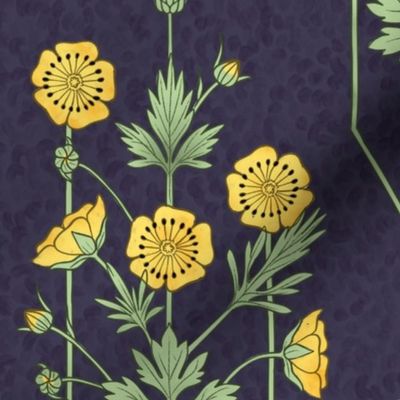 Buttercup art noveau art deco wallpaper or fabric. Classical vertical flower pattern. Dark violet background.