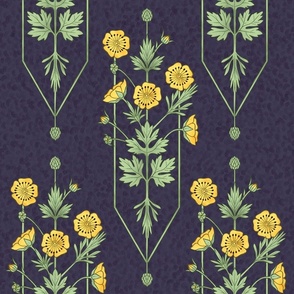 Buttercup art noveau art deco wallpaper or fabric. Classical vertical flower pattern. Dark violet background.