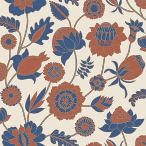 XL-jumbo-Indian floral pattern in Amaro Red and Blue Ridge on Panna Cotta Beige