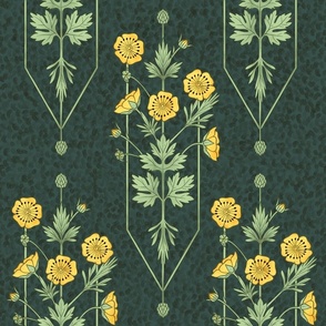 Buttercup art noveau art deco wallpaper or fabric. Classical vertical flower pattern. Green background.