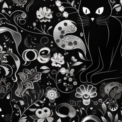 black cat on black floral