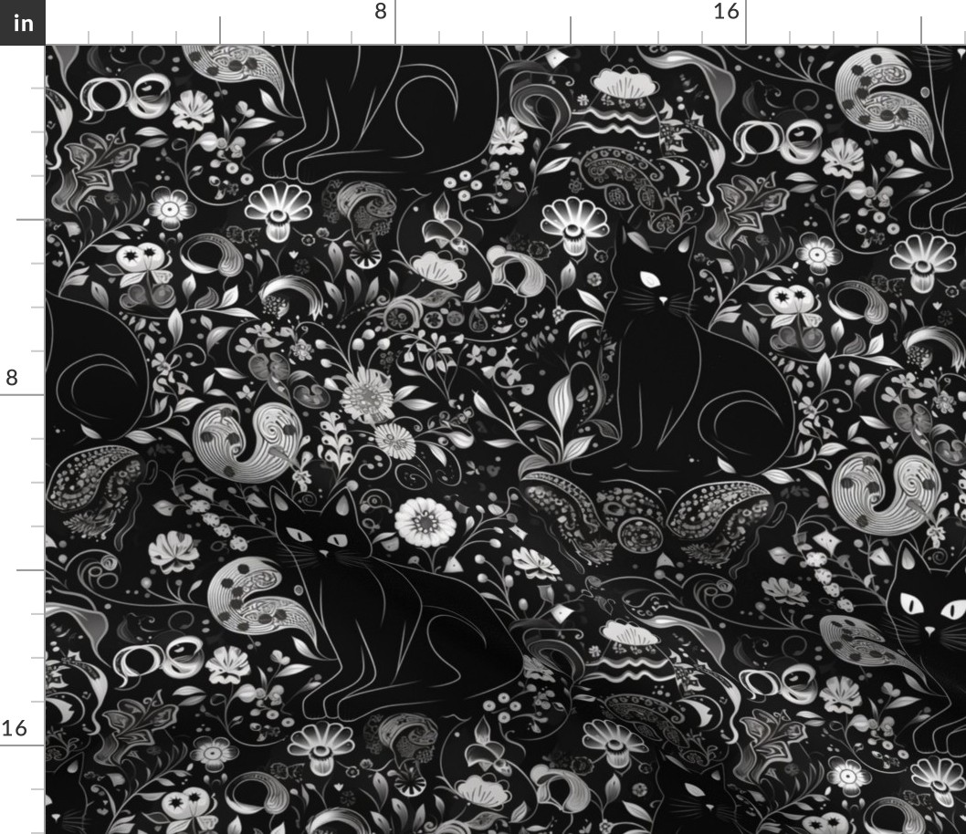 black cat on black floral