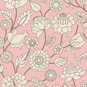 XL-jumbo - Indian Florals in Panna Cotta Beige on Tea Rose Pink - Morel Brown lines