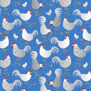White Chickens with Baby Chicks on Blue Ground with Faux Texture Medium Scale