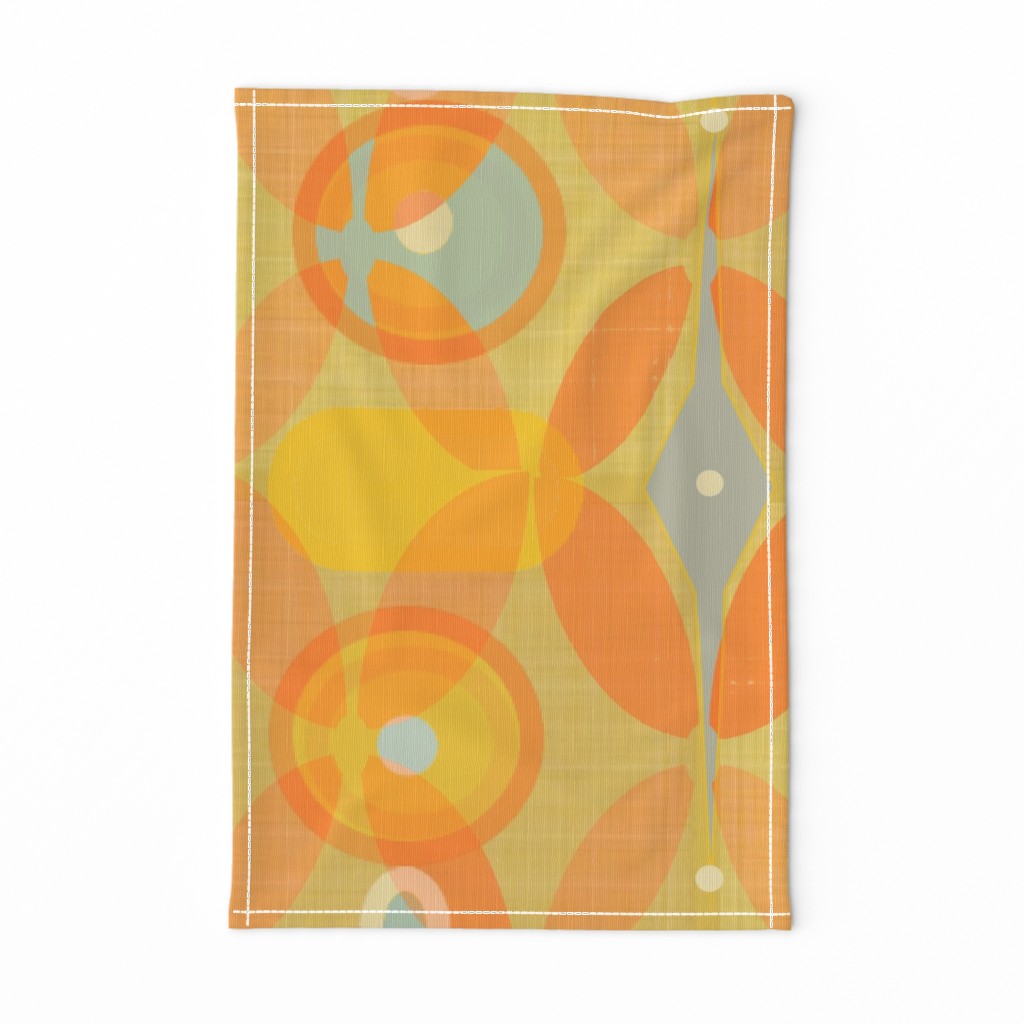 The High Summer Haze Retro Print- 2023 Vanessa Peutherer- Non-Directional Wallpaper-Ceiling Panel-Distressed Linen -  Tangerine, Gold , Denim Blue, White, 