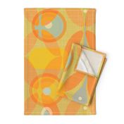 The High Summer Haze Retro Print- 2023 Vanessa Peutherer- Non-Directional Wallpaper-Ceiling Panel-Distressed Linen -  Tangerine, Gold , Denim Blue, White, 