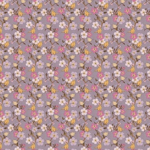 Whimsical Small Scale Trailing Floral Garden Pattern with Birds - Lavender, Mauve, Lavender, Magenta and Yellow