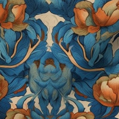 art deco blue and orange floral pattern 