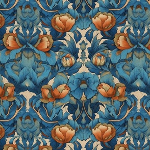 art deco blue and orange floral pattern 