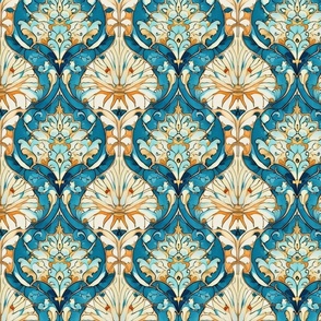 blue and orange deco floral pattern 