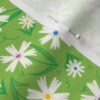 White Daisy Flowers Meadow on Green Background Tossed Non-Directional | Spring Summer Gardening Floral