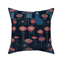 charles rennie mackintosh deco geometric floral in red and blue