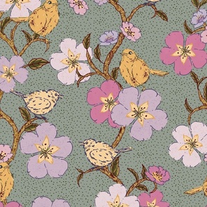 Whimsical Large Scale Trailing Floral Garden Pattern with Birds - Sage Green, Mauve, Lavender, Magenta and Yellow