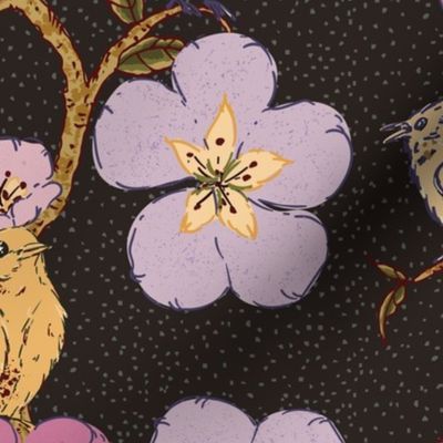 Whimsical Large Scale Trailing Floral Garden Pattern with Birds - Ebony & Grey, Mauve, Lavender, Magenta and Yellow