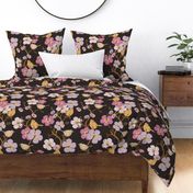 Whimsical Large Scale Trailing Floral Garden Pattern with Birds - Ebony & Grey, Mauve, Lavender, Magenta and Yellow