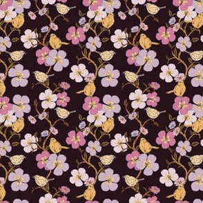 Whimsical Medium Scale Trailing Floral Garden Pattern with Birds - Ebony and Red, Mauve, Lavender, Magenta and Yellow