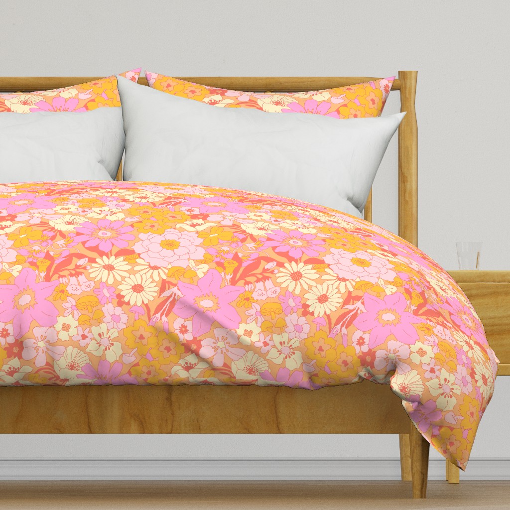 Retro Mushroom Floral in Tonal Pink + Orange Creme