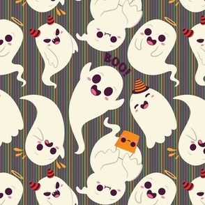 Trick or Treat Ghosts on vertical rainbow stripes