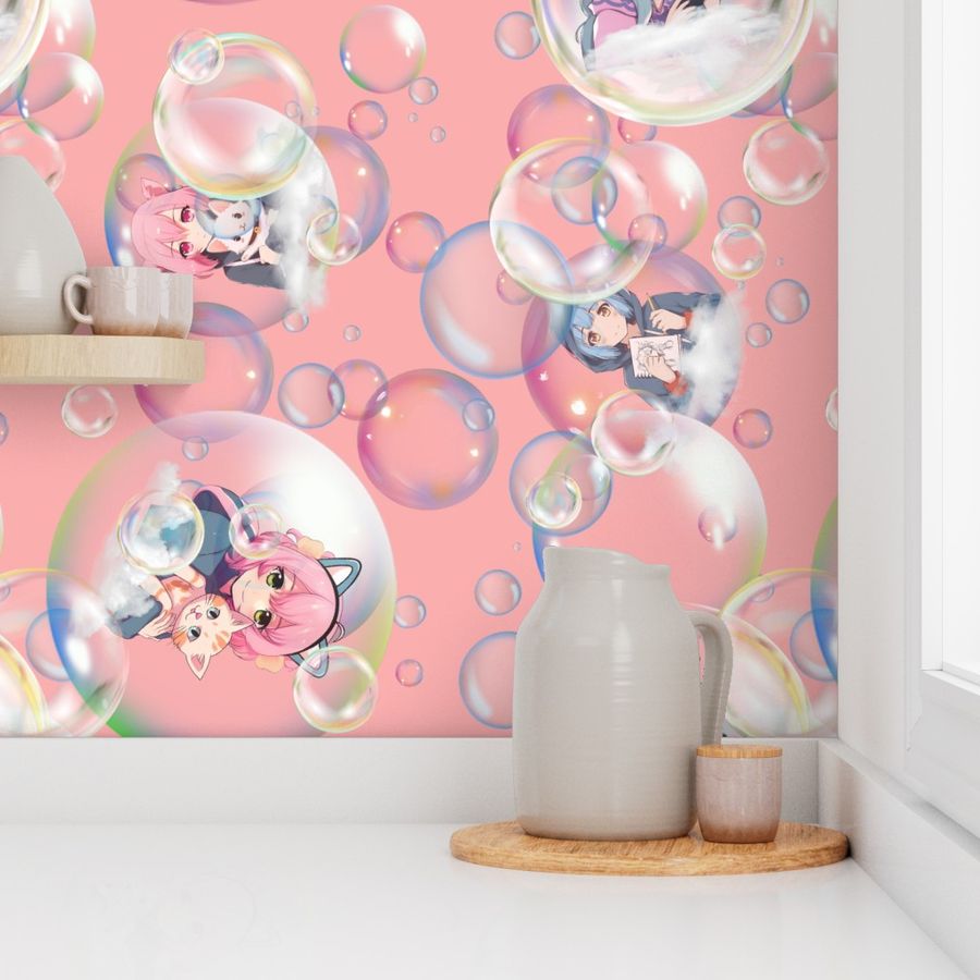 Anime Bubble Girls on Coral Pink