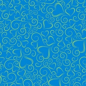 Hearts and Swirls Lime on Blue