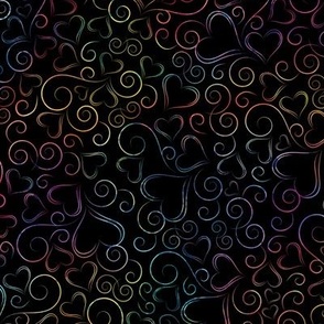 Hearts and Swirls Rainbow Gradient on Black