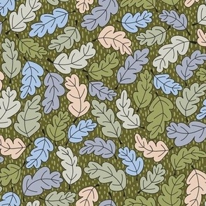 329 - Medium scale olive green, blush and blue grey Oak leaves swirling, flowing and curving, for nursery wallpaper, curtains, table linen, and apparel.