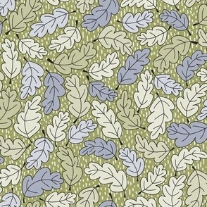 329 - Small scale pastel soft leaf green and blue-grey non directional Oak leaves swirling, flowing and curving, for nursery wallpaper, curtains, table linen, and apparel.