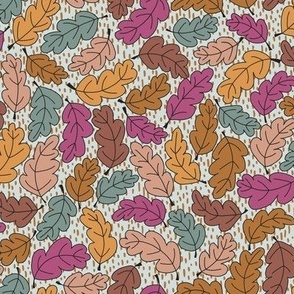 329 - Medium scale oak leaves funky in autumn colors of purple, mustard and teal on pale green grey background , flowing and curving, for wallpaper, curtains, table linen, and apparel.