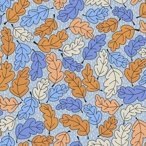 329 - Medium Scale - Sweet sky blue and terracotta non directional Oak leaves swirling, flowing and curving, for wallpaper, curtains, table linen, and apparel.