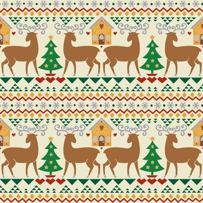 Christmas Folk Art // Red, Green, Yellow, Brown, Gray on Beige Background    