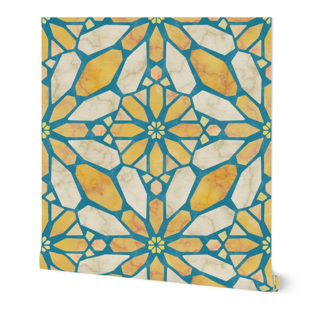 Marble Mosaic Tile Geometric in Saffron Yellow and Teal Blue - Jumbo - Statement Backsplash, Statement Print, Global Geometric