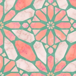  Marble Mosaic Tile Geometric in Jade Green and Orange Peach - Jumbo - Statement Backsplash, Statement Print, Global Geometric