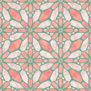  Marble Mosaic Tile Geometric in Jade Green and Orange Peach - Large - Statement Backsplash, Statement Print, Global Geometric
