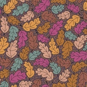 329 - Medium scale oak leaves funky in autumn colors of purple, mustard and teal , flowing and curving, for wallpaper, curtains, table linen, and apparel.