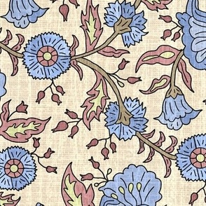 Vintage French Trailing Floral in Blue, Summer, Botanical, floral, diagonal, hand drawn 
