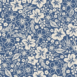 White Flowers & Leaves on Blue Background 