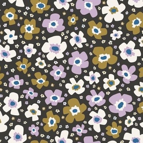 Groovy Buttercup Garden Floral Toss - Retro Funky Flower Purple Lilac Lavender , Sienna Brown Umber, White Cream Blue on Bold Black
