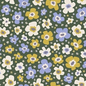 Groovy Buttercup Garden Floral Toss - Playful Retro Flower Blooms in Bright Blue Periwinkle Mustard Yellow White