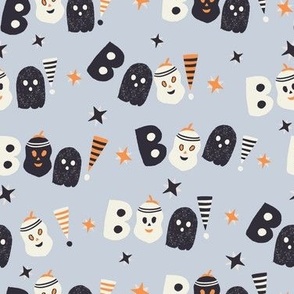 MEDIUM: Halloween Boo Word with Ghost Pumpkin on Baby blue