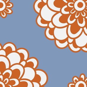 Orange flowers on blue background, statement  seamless repeat