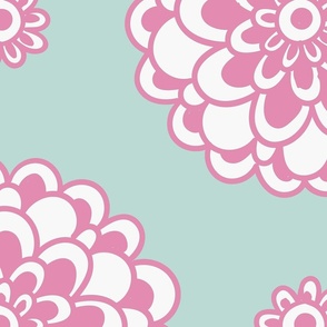 Pink flowers on light green background, statement  seamless repeat