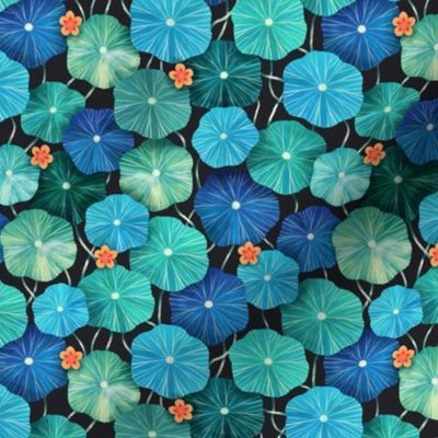 Watercolor Nasturtium Orange Floral Flowers Leaves Green Blue Garden Foliage | Spring Summer Floral Botanical Lily Pads