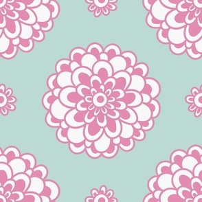 Pink flowers on light green background, statement  seamless repeat