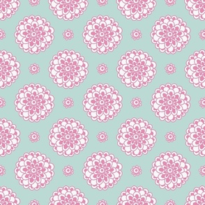 Pink flowers on light green background, statement  seamless repeat