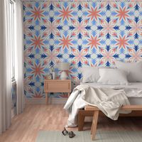 Relaxed Tropical Hand-Drawn Flora in Coral Orange, Pink, Blue, Navy, and Cream - Jumbo - Beachy, Surf Shack, Summery